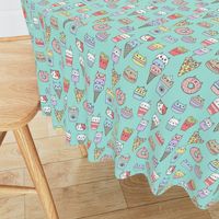 kawaii cat foods fabric - cute cat lady design, cats, cat print, cat junk food, sweets, - mint