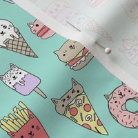 kawaii cat foods fabric - cute cat lady design, cats, cat print, cat junk food, sweets, - mint