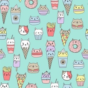kawaii cat foods fabric - cute cat lady design, cats, cat print, cat junk food, sweets, - mint