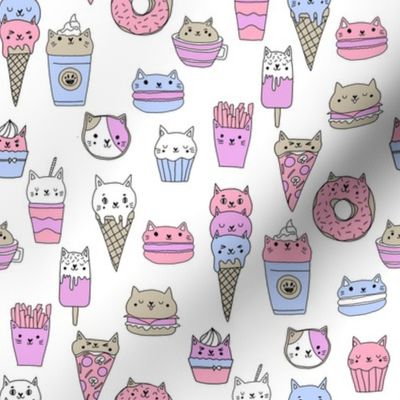 kawaii cat foods fabric - cute cat lady design, cats, cat print, cat junk food, sweets, - pastel white