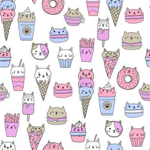 kawaii cat foods fabric - cute cat lady design, cats, cat print, cat junk food, sweets, - pastel white