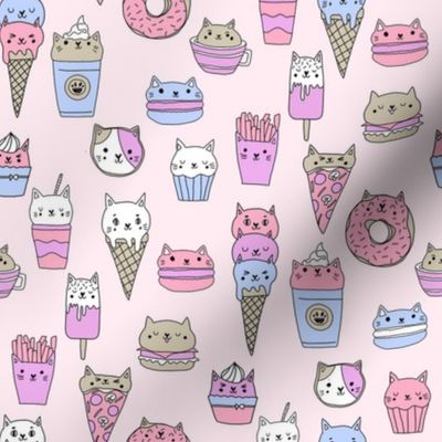 kawaii cat foods fabric - cute cat lady design, cats, cat print, cat junk food, sweets, - pastel pink