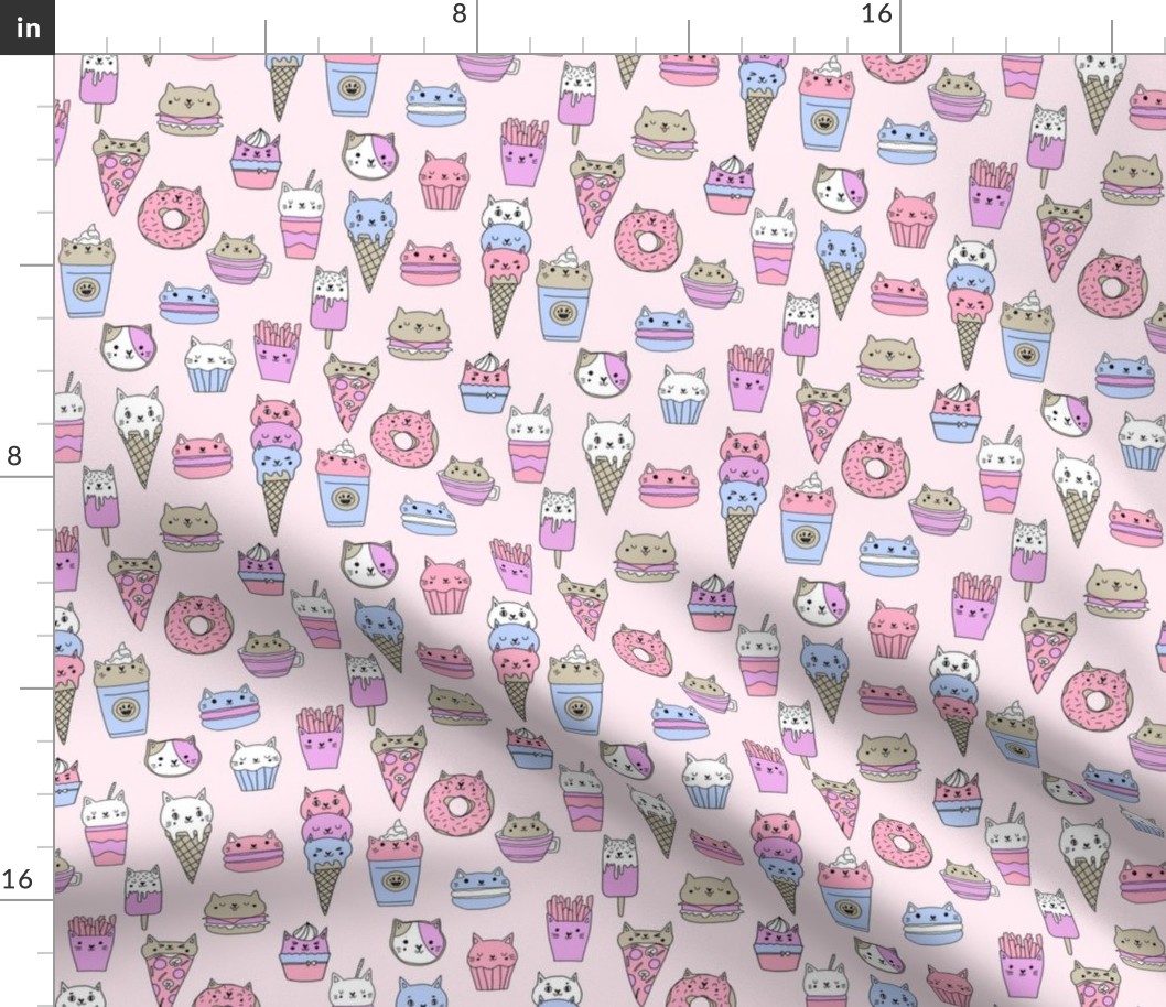 kawaii cat foods fabric - cute cat lady design, cats, cat print, cat junk food, sweets, - pastel pink