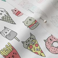kawaii cat foods fabric - cute cat lady design, cats, cat print, cat junk food, sweets, - white and mint