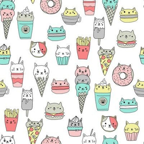 kawaii cat foods fabric - cute cat lady design, cats, cat print, cat junk food, sweets, - white and mint