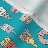 kawaii cat foods fabric - cute cat lady design, cats, cat print, cat junk food, sweets, - teal