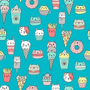 kawaii cat foods fabric - cute cat lady design, cats, cat print, cat junk food, sweets, - teal