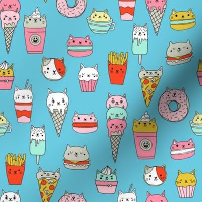 kawaii cat foods fabric - cute cat lady design, cats, cat print, cat junk food, sweets, - turquoise