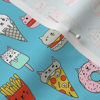 kawaii cat foods fabric - cute cat lady design, cats, cat print, cat junk food, sweets, - turquoise