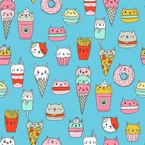 kawaii cat foods fabric - cute cat lady design, cats, cat print, cat junk food, sweets, - turquoise