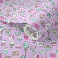 kawaii cat foods fabric - cute cat lady design, cats, cat print, cat junk food, sweets, - purple