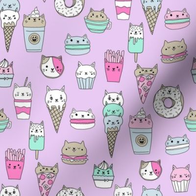 kawaii cat foods fabric - cute cat lady design, cats, cat print, cat junk food, sweets, - purple
