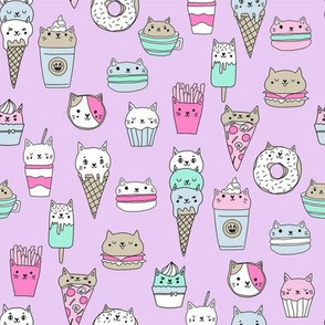 kawaii cat foods fabric - cute cat lady design, cats, cat print, cat junk food, sweets, - purple