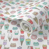 kawaii cat foods fabric - cute cat lady design, cats, cat print, cat junk food, sweets, - white