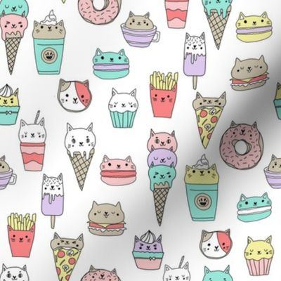 kawaii cat foods fabric - cute cat lady design, cats, cat print, cat junk food, sweets, - white
