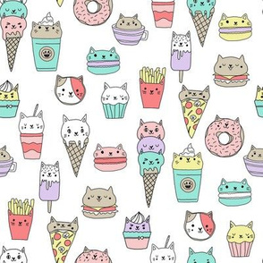 kawaii cat foods fabric - cute cat lady design, cats, cat print, cat junk food, sweets, - white