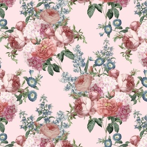 14"  Pierre-Joseph Redouté- Pierre-Joseph Redoute- Redouté fabric,Roses fabric-Redoute roses- Vintage Hand drawn watercolor rose bunches on pink