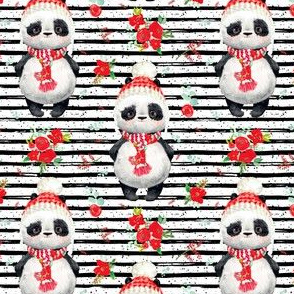 4" Red Floral Panda Black and White Stripes