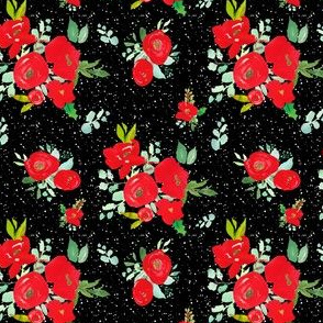 4" Red Winter Watercolor Florals Black White Dots