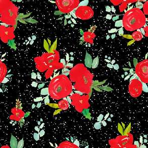 21" Red Winter Watercolor Florals Black White Dots