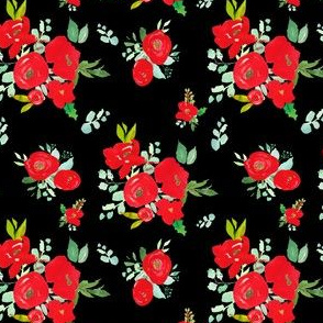 4" Red Winter Watercolor Florals Black