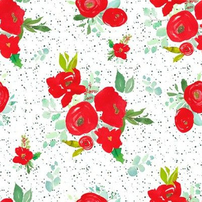 8" Red Winter Watercolor Florals Bright Green Dots