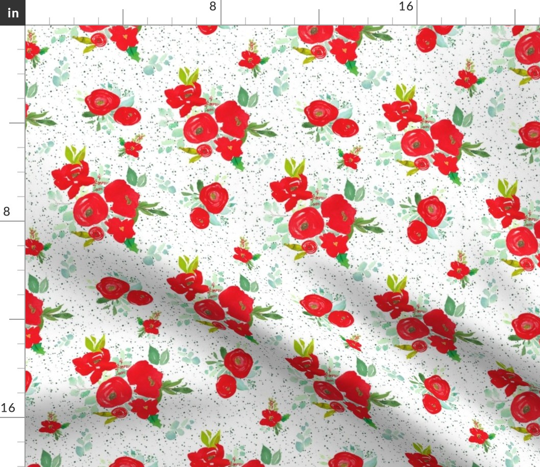 8" Red Winter Watercolor Florals Bright Green Dots