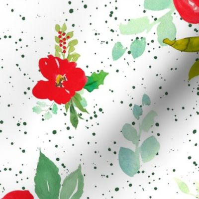 21" Red Winter Watercolor Florals Bright Green Dots