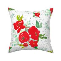 21" Red Winter Watercolor Florals Bright Green Dots