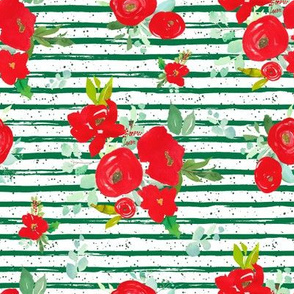 8" Red Winter Watercolor Florals Bright Green with Dots