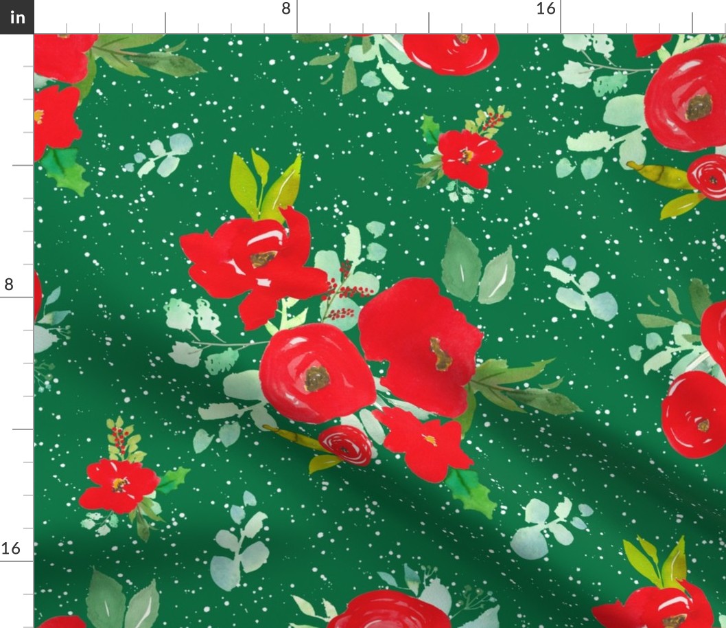 21" Red Winter Watercolor Florals Bright Green 