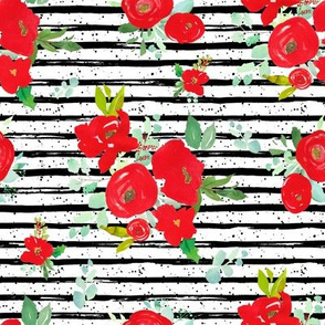 8" Red Winter Watercolor Florals Stripes with Dots