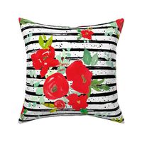 21" Red Winter Watercolor Florals Stripes with Dots