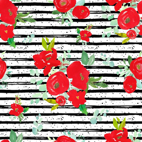 21" Red Winter Watercolor Florals Stripes with Dots