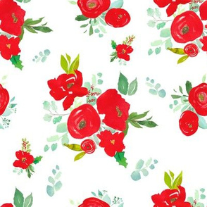 8" Red Winter Watercolor Florals White