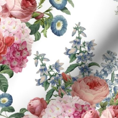 Nostalgic Enchanting Pierre-Joseph Redouté Roses,Hydrangea, Antique Flowers Bouquets, vintage home decor,  English Roses Fabric