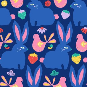 Swedish Blue Bunnies + Pink Birds in Country Blue