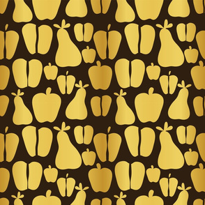 Gold apples and pears on dark background