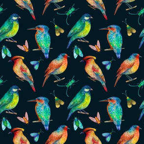 Birds and insects watercolor drawing seamless pattern on dark blue