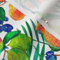 Parrots with lemons and grapes watercolor seamless pattern on white