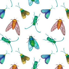 Cicadas and moths insects watercolor seamless background on white