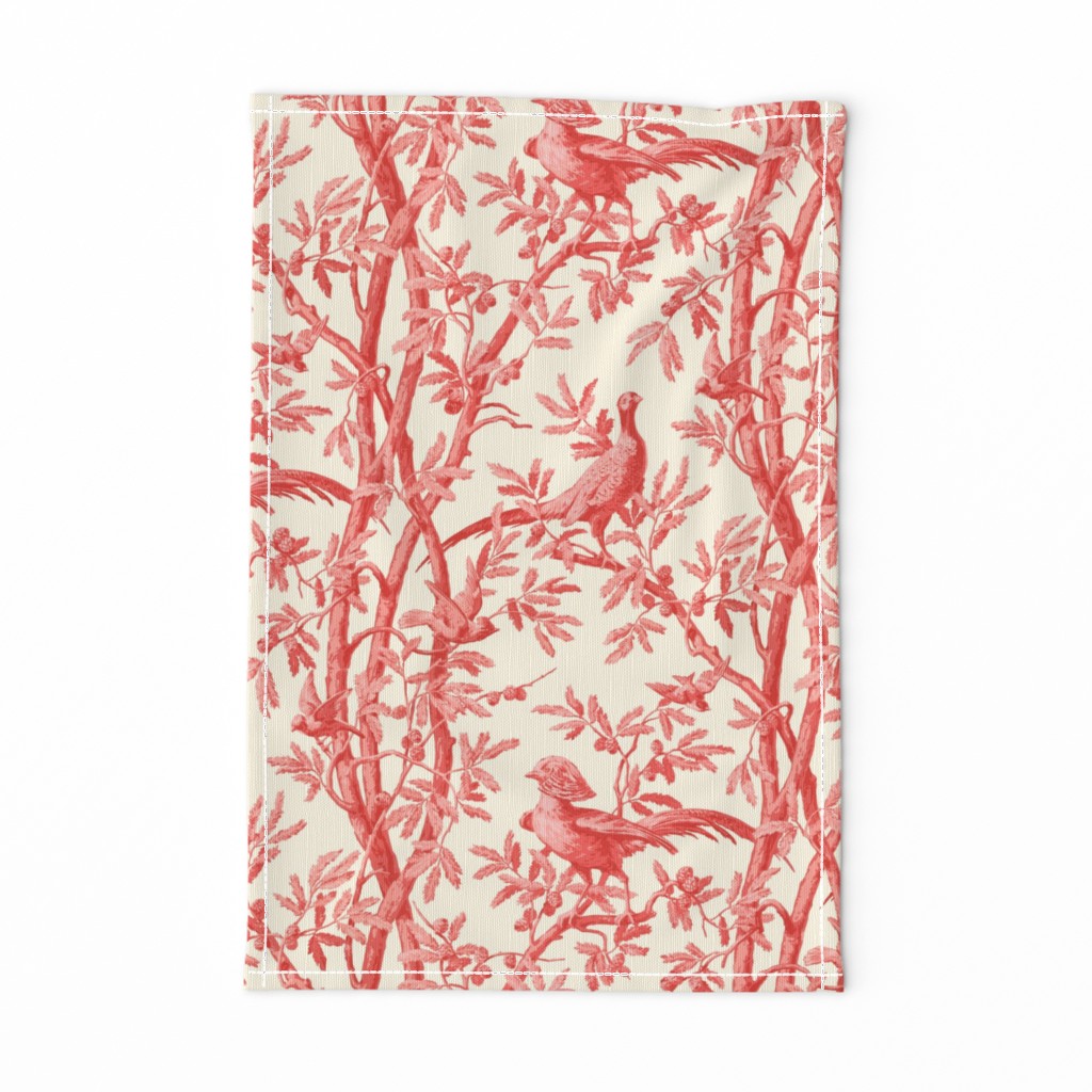 Golden Pheasants Chinoiserie Toile ~ Coral Reef on Cosmic Latte  