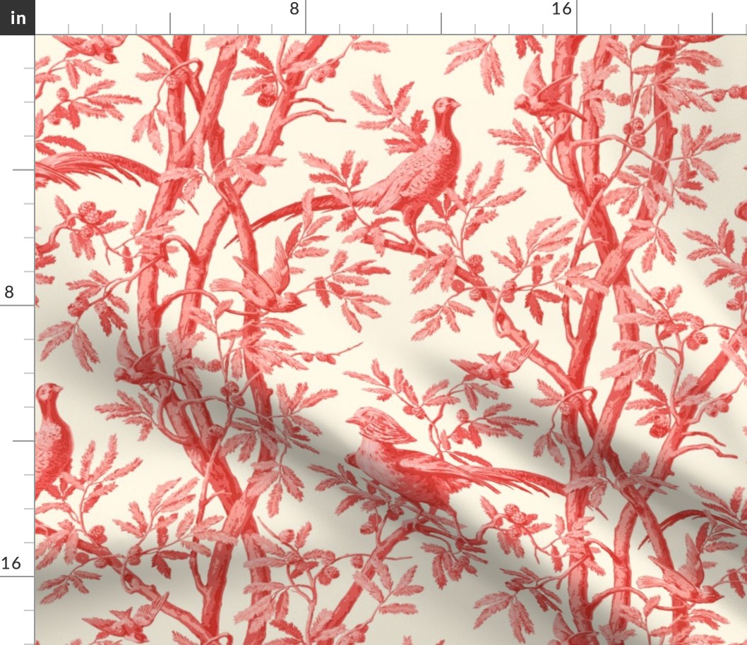 Golden Pheasants Chinoiserie Toile ~ Coral Reef on Cosmic Latte  