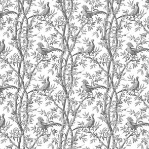 Golden Pheasants Chinoiserie Toile ~ Silver Grey on White 