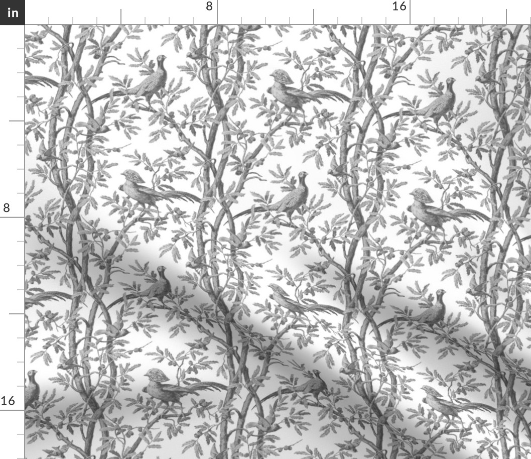 Golden Pheasants Chinoiserie Toile ~ Silver Grey on White 