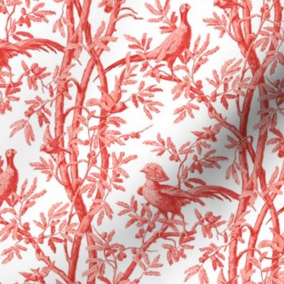 Golden Pheasants Chinoiserie Toile ~ Coral Reef on White 