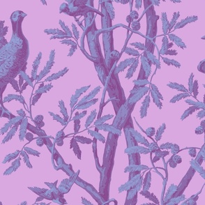 Golden Pheasants Chinoiserie Toile ~ Pompadour Purple on, Jasper Blue, on Bruyere En Fleur 