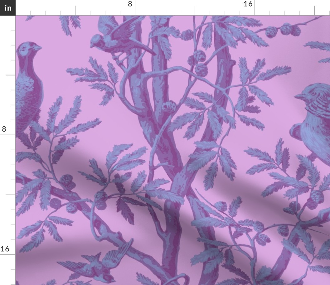 Golden Pheasants Chinoiserie Toile ~ Pompadour Purple on, Jasper Blue, on Bruyere En Fleur 