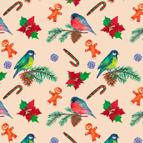 Christmas watercolor seamless pattern with birds and poinsettia flowers on rose