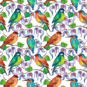 Colorful floral seamless pattern with flowers and birds on white